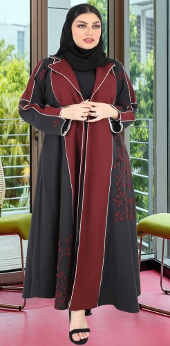 عباية اسود تطريز مع عنابي 5034