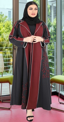 عباية اسود تطريز مع عنابي 5034