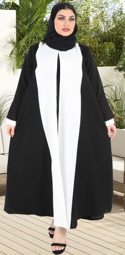 عباية كتان تداخل لونين اسود و سكري 5024