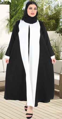 عباية كتان تداخل لونين اسود و سكري 5024